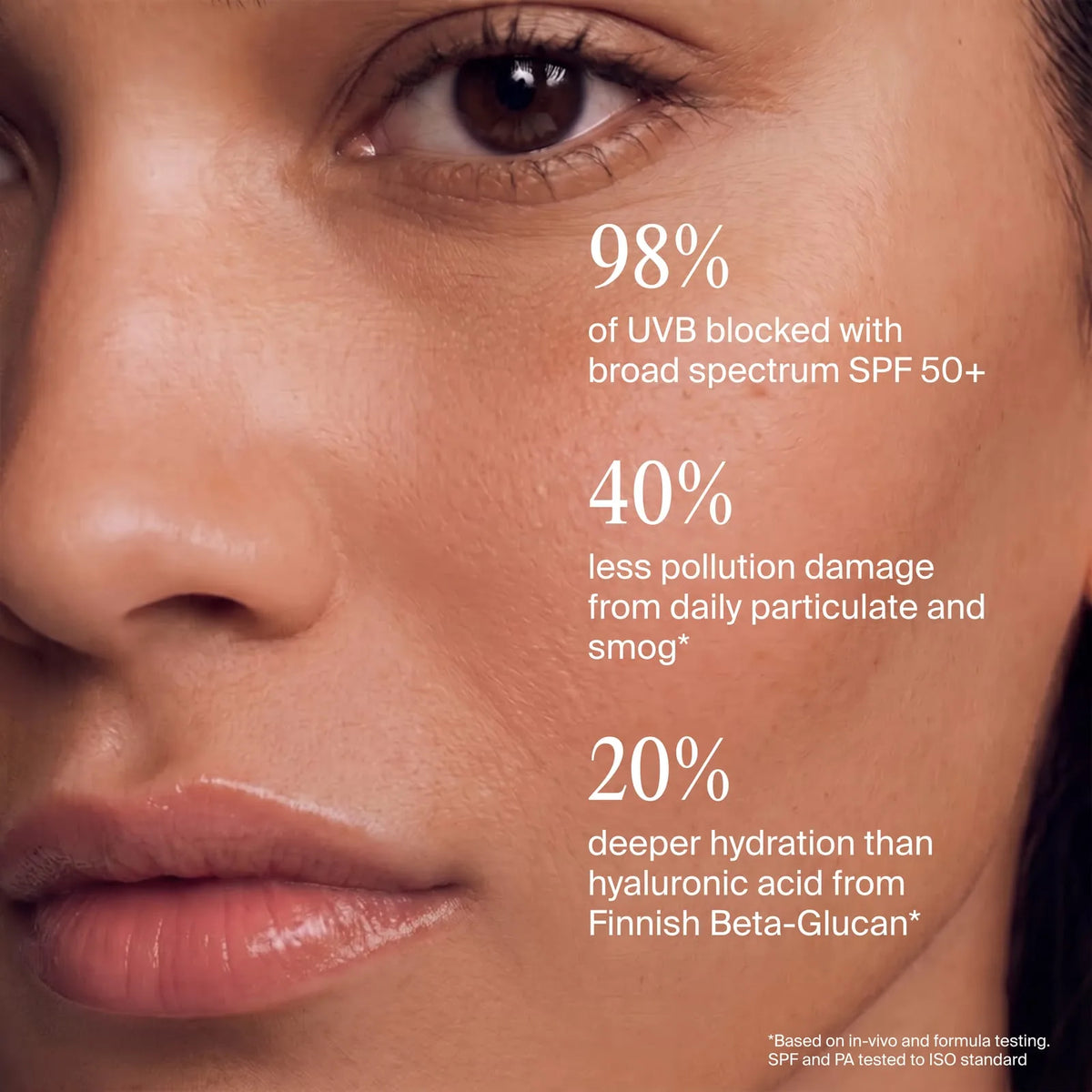 Model wearing Origin sunscreen: 98% of UVB blocked, 40% less pollution damage, 20% deeper hydration than hyaluronic acid